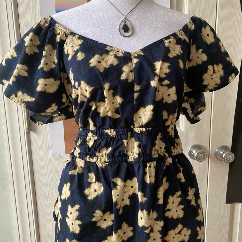 Boho Navy and Yellow Floral Print Babydoll Maxi Dress with Elastic Waist Ties